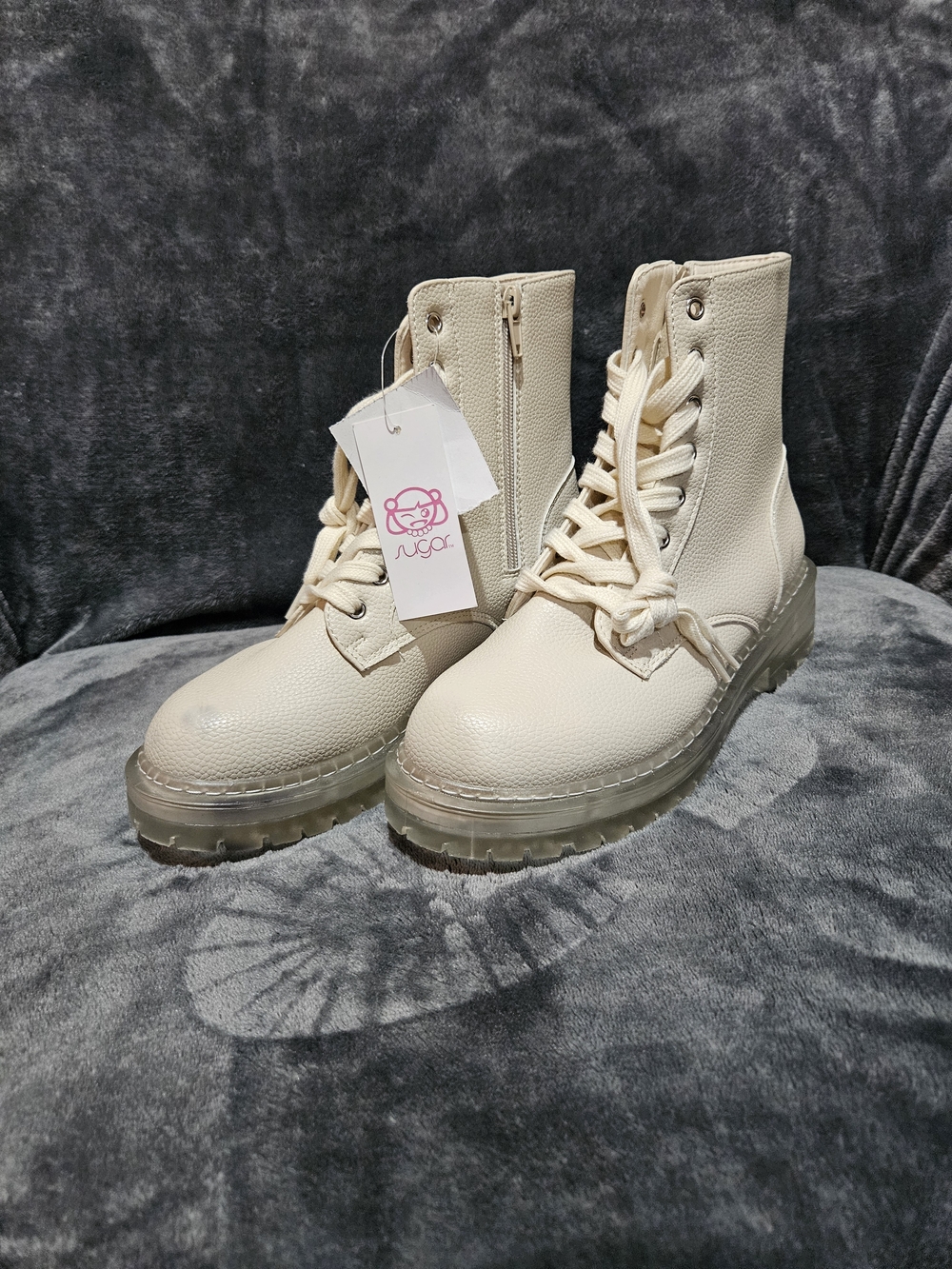 Sugar Cream Lace-Up Combat Boots with Clear Lug Sole